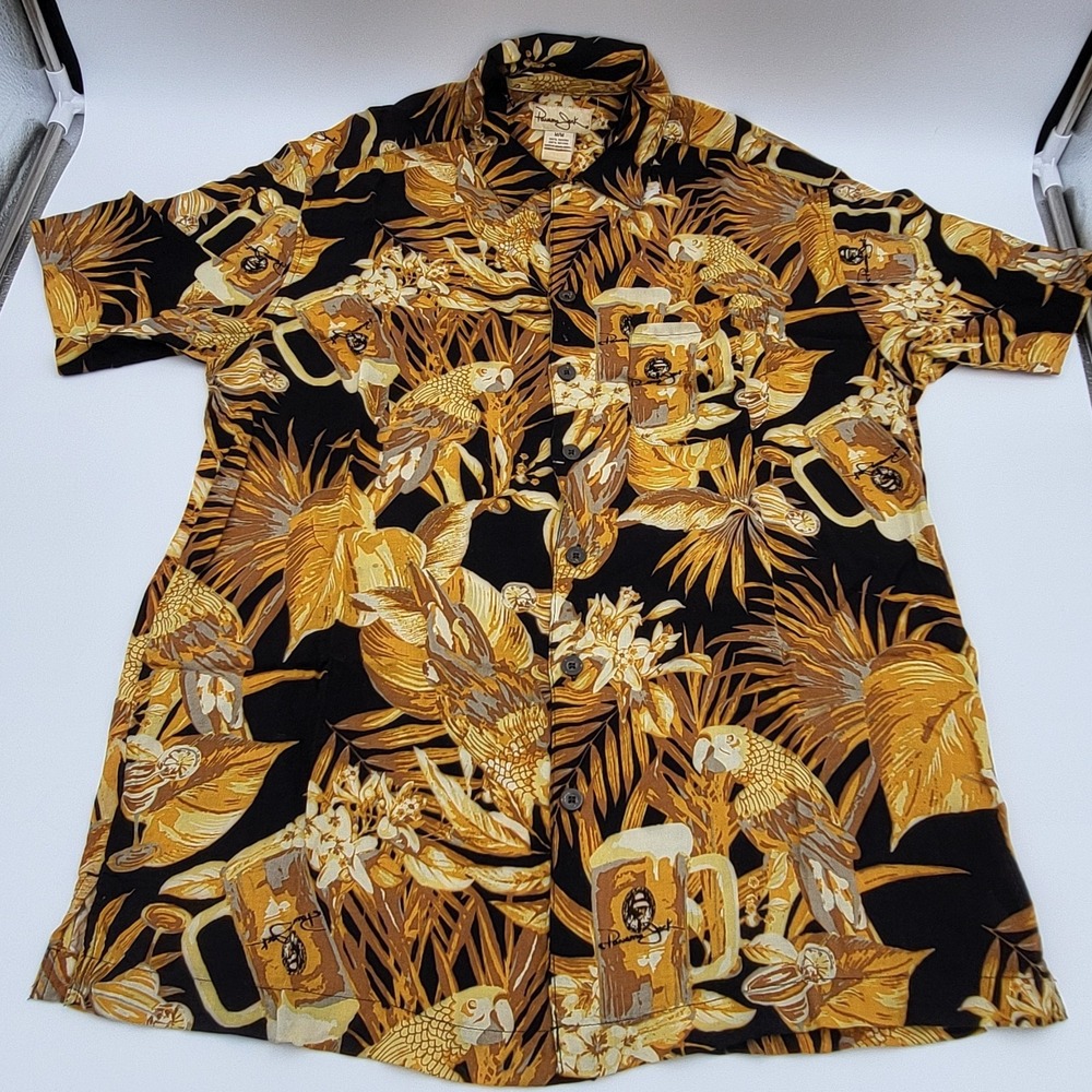 Panama Jack Hawaiian Tropical Shirt Size Medium Gold Black Cocktail Button Up